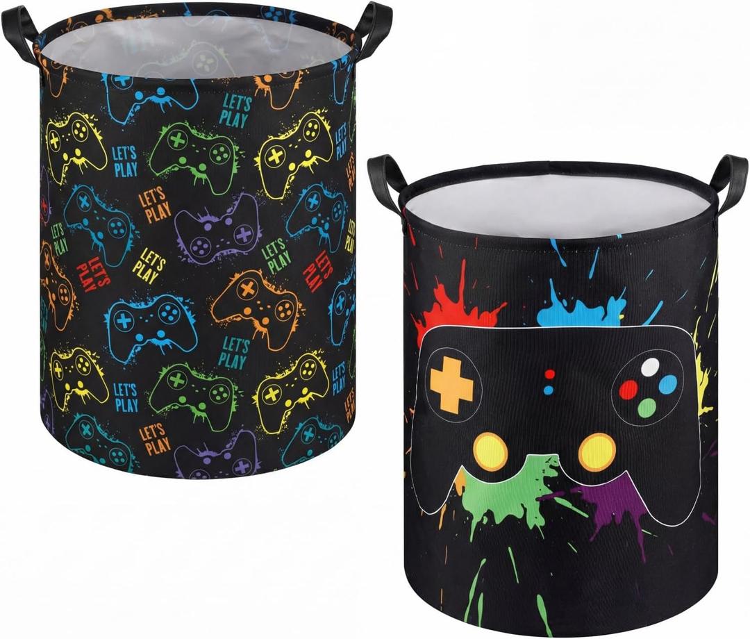 Zhehao 2 Pcs Gamer Laundry Basket Boys Kids Laundry Hamper Gamer Room Decor Gaming Storage Basket Hamper Clothes Organizer Nursery Toy Storage Bin for Gifts Bedroom Bathroom Decoration(Stylish)