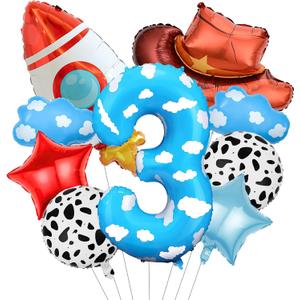 Toy Themed Decorations, 9pcs Cow Print Sky Blue Cloud Balloons with Rocket Balloon and Cowboy Hat Balloon for Kids Inspired Story 3rd Birthday Party Decorations (3rd)