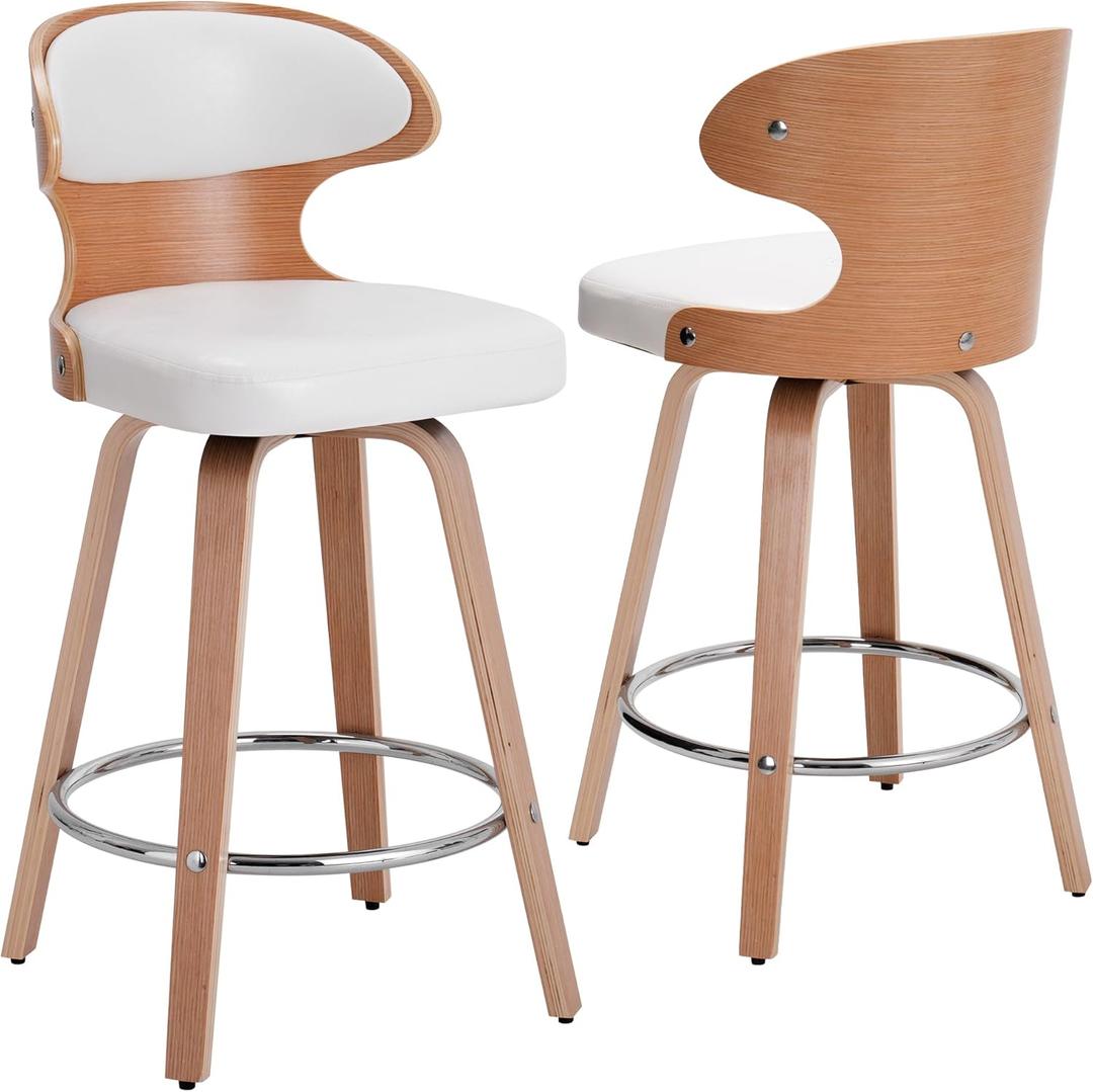 Set of 2 for Kitchen Counter Height Bar Stools, 360 Degree Swivel Barstools, Mid Century Walnut Finish and PU Leather Upholstered Bar Chair with Back&Footrest, for Bar, Kitchen (White)