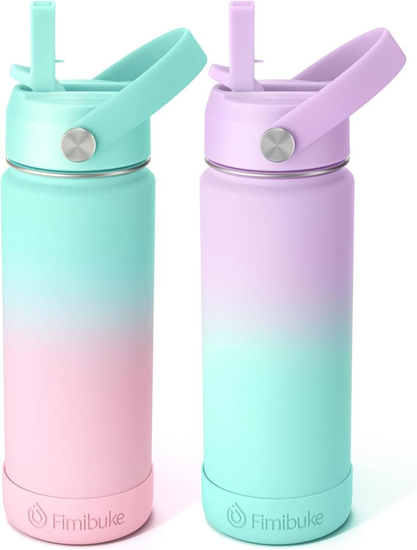 Fimibuke Kids Insulated Water Bottle - 18oz BPA-FREE 18/8 Stainless Steel Kid Cup with Straw Travel Tumbler Leak Proof Double Wall Vacuum Toddler Water Bottle for School Boy Girl2 Pack, Candy/Bubble