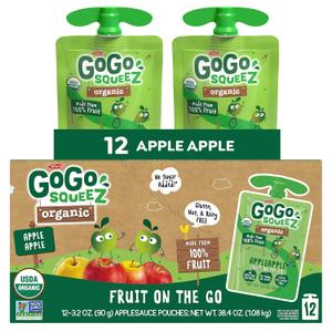 GoGo squeeZ Organic Applesauce and Fruit Puree, Apple Apple, 3.2 oz (Pack of 12), Unsweetened Organic Fruit Snacks for Kids, Gluten Free, Nut Free and Dairy Free, Recloseable Cap, BPA Free Pouches (EXP 06/17/27)