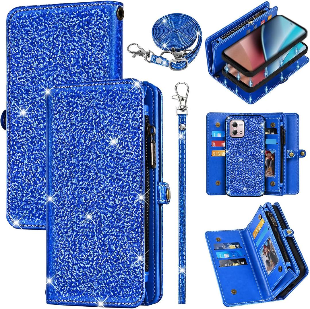 Wallet Cover for Motorola Moto G Stylus 4G 2023 with Detachable Magnetic Phone Case Flip Zipper Purse, Wrist Strap Shoulder Strap Glitter Card Holder Stand for GStylus XT2317-1 XT2317-2 Blue