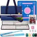 American Mahjong Game Set with Mat and Racks, 166 White Tiles Mahjong Set, 80x80cm Mat, 4 All-in-One Rack/Pushers, Numbered Chips, Carrying Bag & Accessories for Travel and Family Game Night