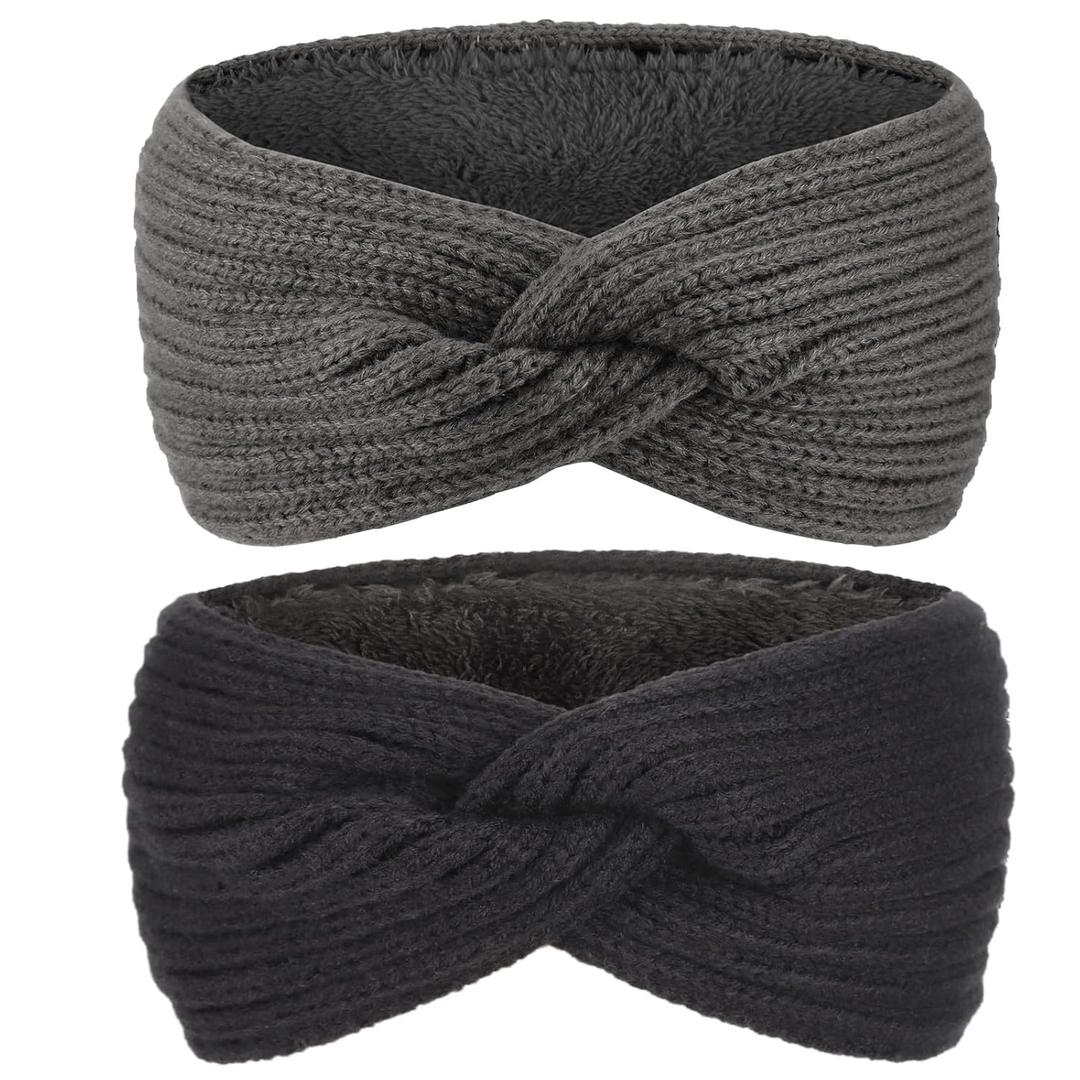 AQOKKA Knit Winter Headbands for Women Fuzzy Wool Fleece Lined Ear Warmers Elastic Turban Crocheted Head Wrap Winter Accessories for Women Cold Weather (2 Pcs Knitted Cross: Black, Dark Gray)