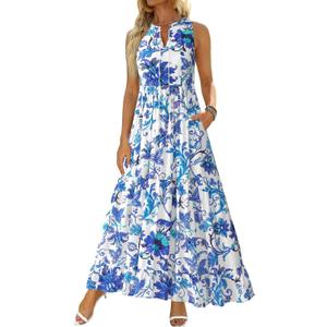 BTFBM Womens Summer Maxi Dresses 2025 Casual Sleeveless V Neck Loose Fit Floral Boho Dress Beach Long Sundress (M)