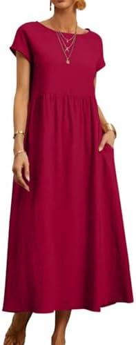 Larmliss Baggy Crew Neck Dress for Women Summer Casual Comfy Cotton Short Sleeve Tunic Beach Maxi Dresses with Pockets, 3XL