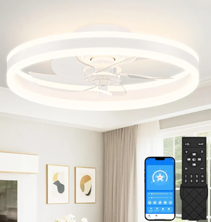 VOLISUN Low Profile Ceiling Fans with Lights and Remote, 20in Flush Mount Ceiling Fans with Light, 3000K-6500K Dimmable Fandelier LED Fan Light, White Bladeless Ceiling Fans with Lights for Bedroom