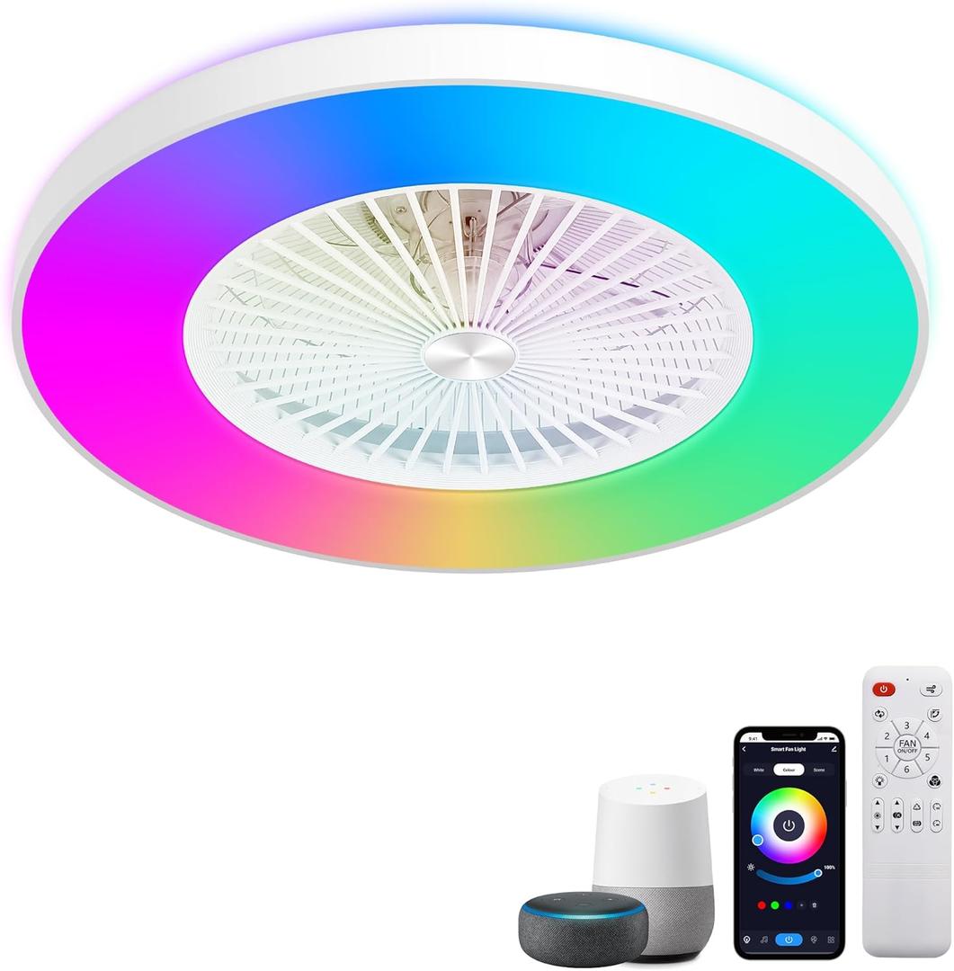 24" Low Profile Ceiling Fans with Lights, Bladeless Ceiling Fan, with with Alexa, Remote/APP/Voice Control, Enclosed Flush Mount RGB Ceiling Fan Dimmable Color Changing LED Ambient (White & RGBMG)