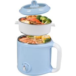 Hot Pot Electric with Steamer2.0 L Ramen CookerMini Portable Hot Pot for Cooking,Pasta, Shabu-Shabu, Oatmeal, Soup and Egg, Electric Cooker for Dorm, OfficeBlue