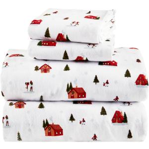 Comfort Spaces 100% Cotton Flannel Sheets King Size, Ultra Soft Cozy Flannel Sheet Set with 14" Elastic Pocket Fits up to 16" Mattress, Novelty Print Warm Flannel Bedding, Christmas Village 4 Piece