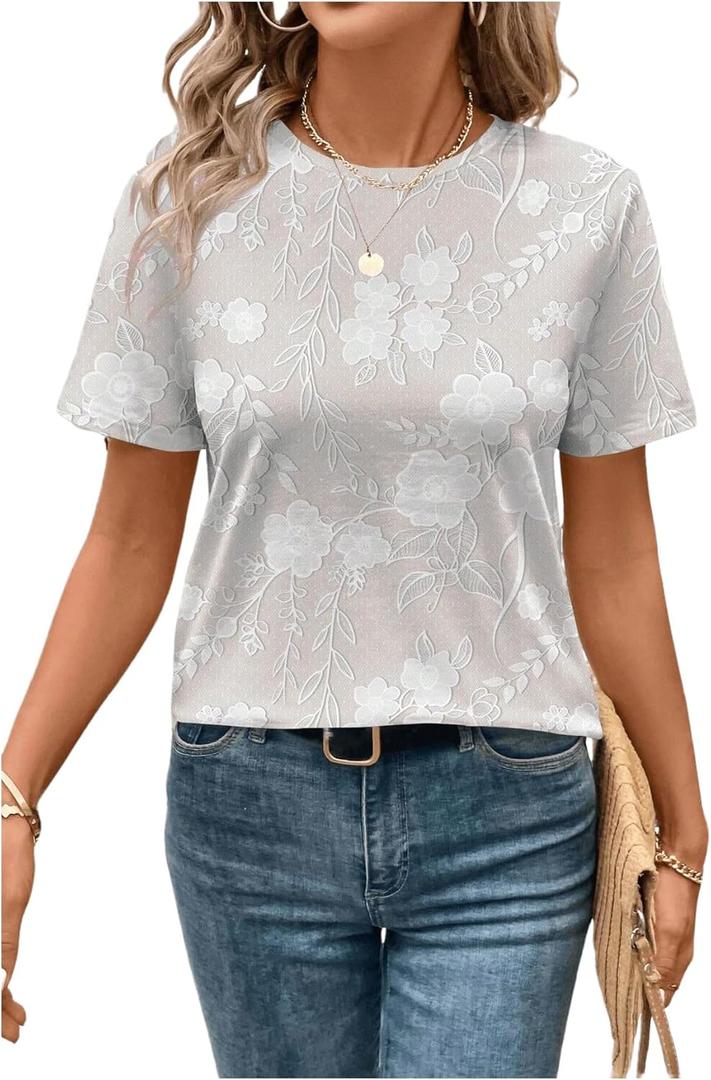 Women's Summer Floral Short Sleeve T Shirts Dressy Casual Crew Neck Tops Basic Tees (L)