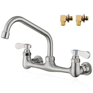 Favorpo Wall Mount Kitchen Sink Faucet 8 Inch Center Wall Mounted Commercial Faucets with 8 Inches Swivel Spout 2 Handle for Laundry Restaurant(Brushed, 8")