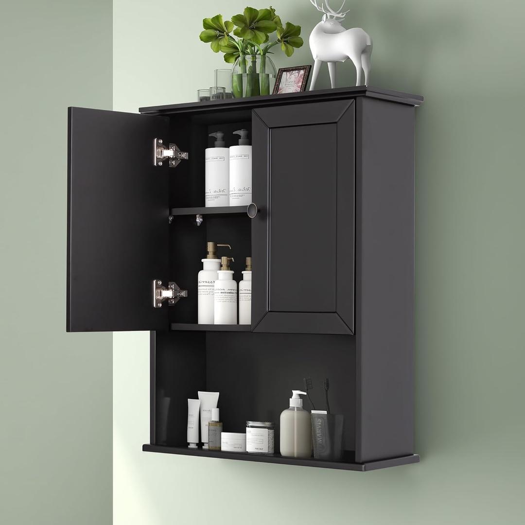 Black Bathroom Wall Cabinet 24x30 Inch Over Toilet Storage Wall Mounted Wooden Bathroom Medicine Cabinets with Adjustable Shelf, 2-Door Wall Hanging Cabinet, Metal Handle, Soft Hinge