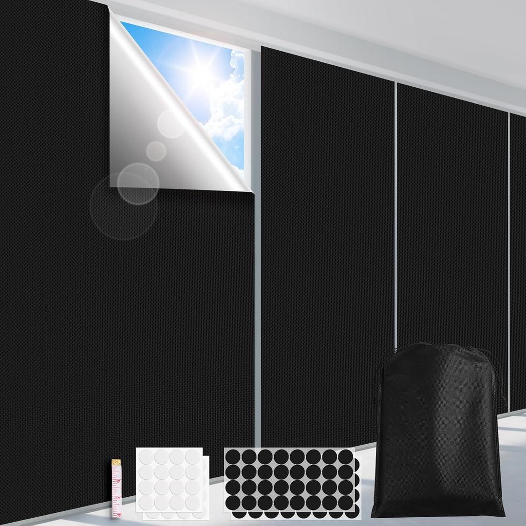 100% Blackout Curtains, Portable Black Out Window Cover Film, Cuttable Blackout Shades Fabric Sheet, No Drill Window Blinds, Sun Heat Light Blocker for Travel Media Dorm Bedroom, 57''W - Pack of 2