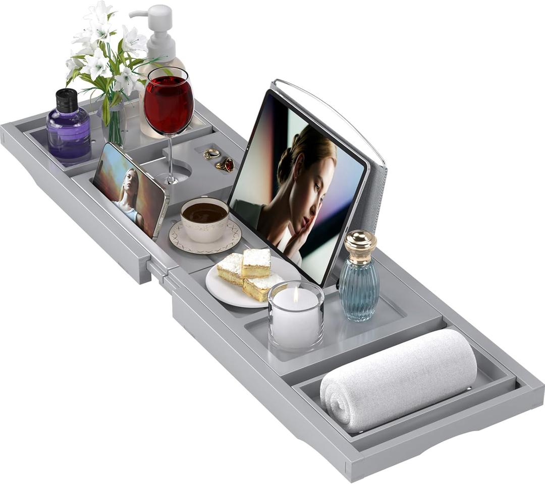 Bathtub Tray Caddy, Expandable Bath Trays for Tub, Bamboo Shelf & Table with Glass Holder,Bathroom Accessories for New Home & Mothers Day & Birthday Gifts for Mom,Gray