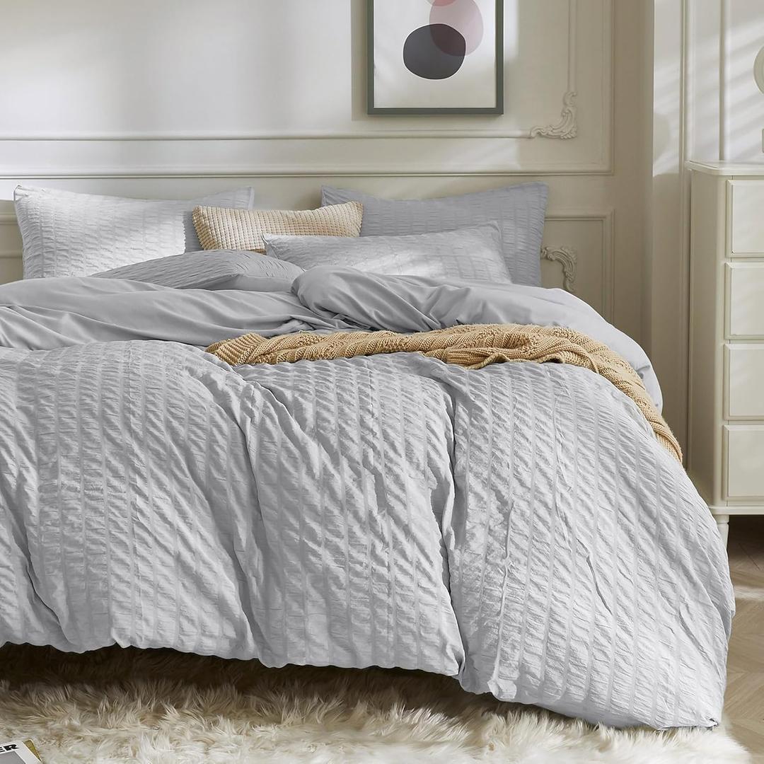 JELLYMONI Light Grey Duvet Cover Twin Size, 3pcs Washed Microfiber Bedding Set, Soft Breathable Seersucker Duvet Cover Set with Zipper Closure and Corner Ties for All Seasons