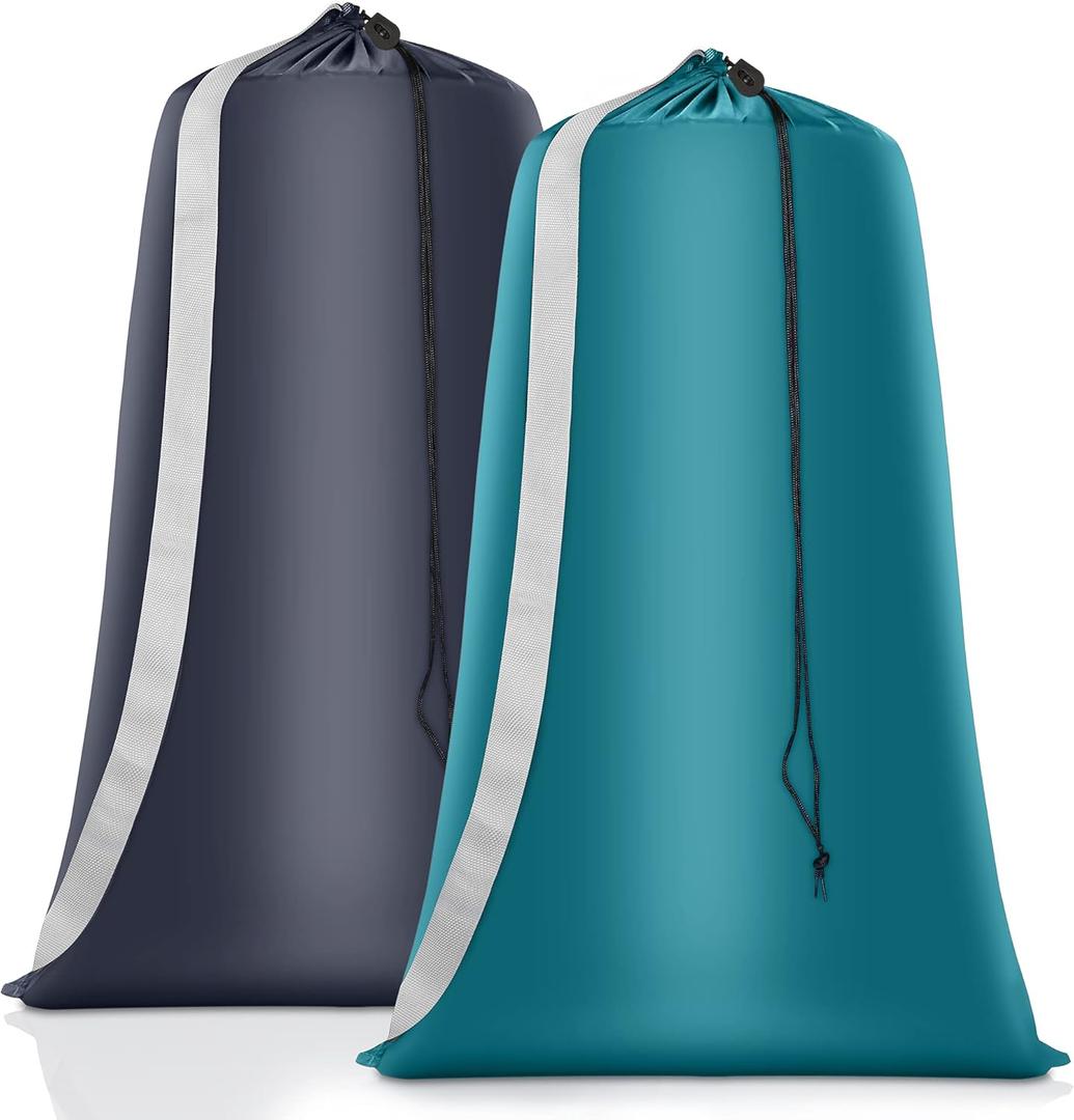 Heavy Duty Laundry Bag 2 Pack XL Nylon Laundry Bags with Straps, Washable Large Dirty Clothes Organizer with Drawstring Closure, Travel Washing Bag Fit a Laundry Hamper or Basket (Blue)
