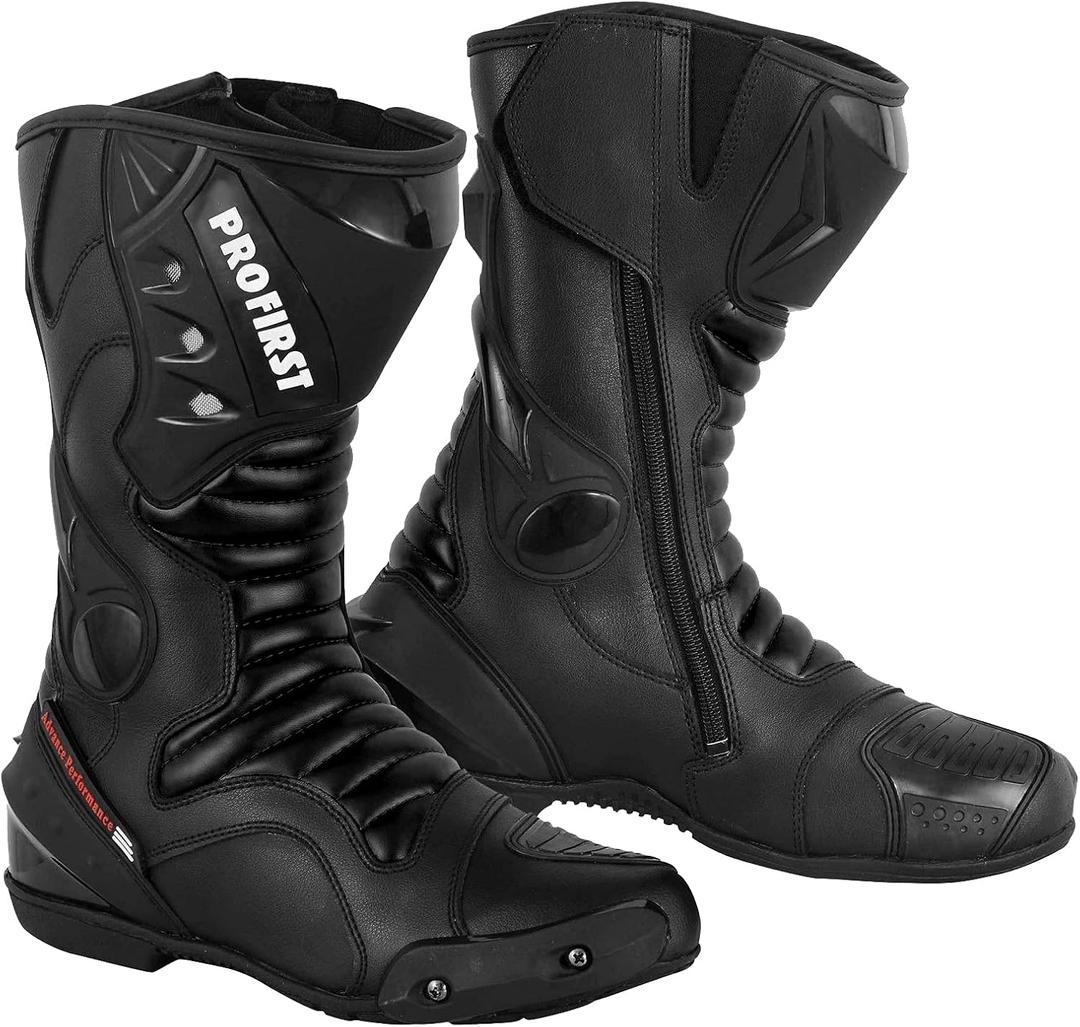 PROFIRST Motorbike Leather Boots Motorcycle Waterproof Motorbike Shoes Armored Boot Protection Anti Slip Racing Sports (Black, US Footwear Size System, Adult, Men, Numeric, Medium, 14)