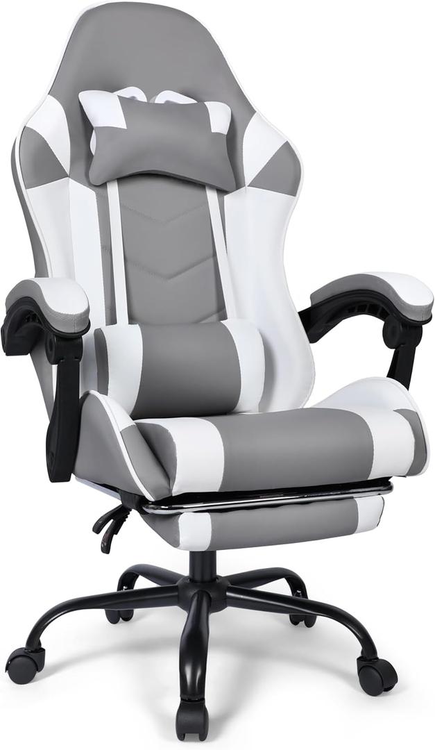 FAB&Deluxe Gaming Chair, Ergonomic Computer Office Chair with Footrest and Lumbar Support, Height Adjustable Desk Chair with 360 Swivel Seat and Headrest, Grey & White