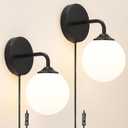 Modern Matte Black Plug in Wall Light, Wall Light Fixture with Milky White Glass Shade, Elegant Black Sconces Wall Decor Set of 2, Wall Sconce Light with Plug in Cord for Bedroom Hallway Reading