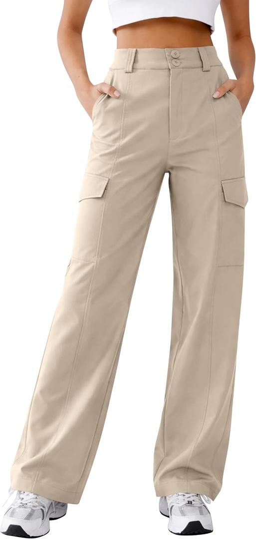 Women's High Waist Cargo Pants with Multiple Pockets Comfortable Flexible Fit Casual Wear Work Hiking (Ivory), M