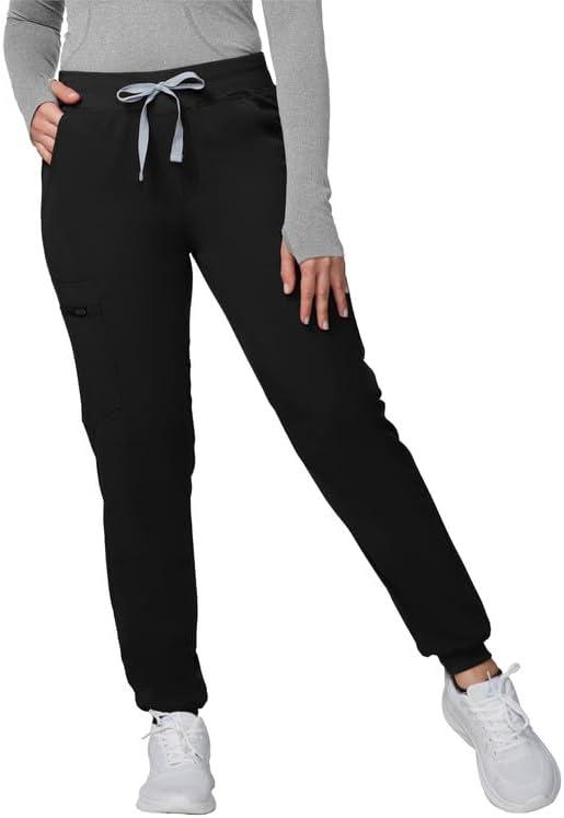 Medical Scrub Pants for Women - Mid Rise 4-Way Stretch Anti-Wrinkle Slim Fit Jogger Pants, Drawstring & 5 Pockets (X-Large, Black)