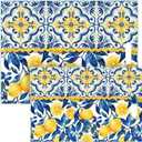 2 Pack Glass Cutting Board for Kitchen, Lemon Tempered Glass Cutting Board with Handles Set Gifts Charcuterie Cheese Snack Boards Decorative, 16 x 12 Inches and 12 x 8 Inches(Blue Lemon)