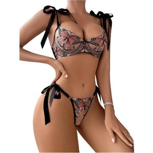 SOLY HUX Lingerie for Women 2 Piece Embroidery Mesh Sheer Underwire Bra and Panty Lingerie Sets (Large, Black Butterfly)