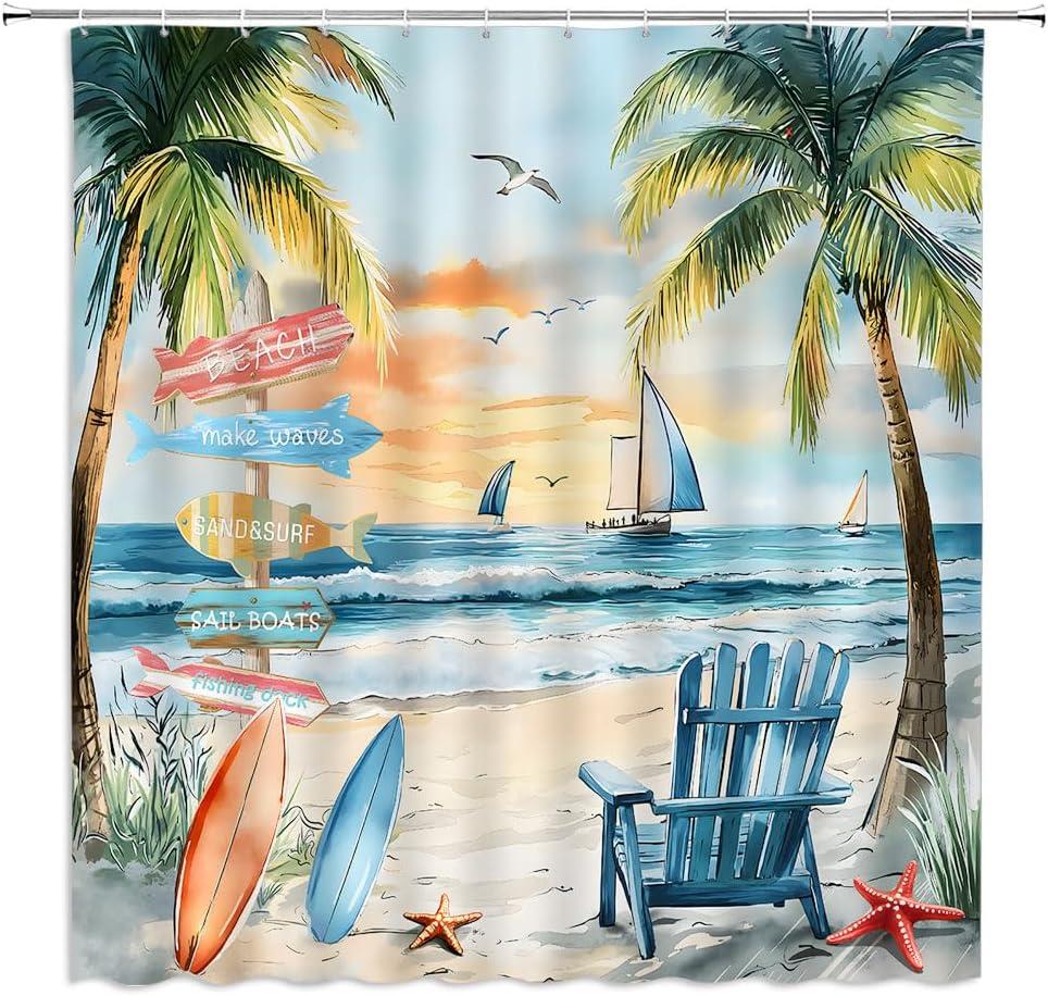 Tropical Ocean Beach Shower Curtain Sea Sunset Palm Tree Starfish Surfboard Coastal Nautical Sailboat Seagull Watercolor Seaside Scenery Bathroom Decor Polyester Curtains with Hooks,70Wx70L