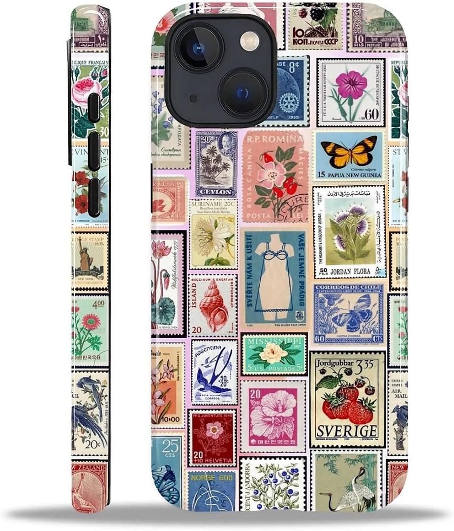 Compatible with iPhone 15 Case - Dual-Layer Protection, Hard Shell with Silicone Interior,Slim Scratch Resistant Shockproof for Woman Men - Various Retro Stamps