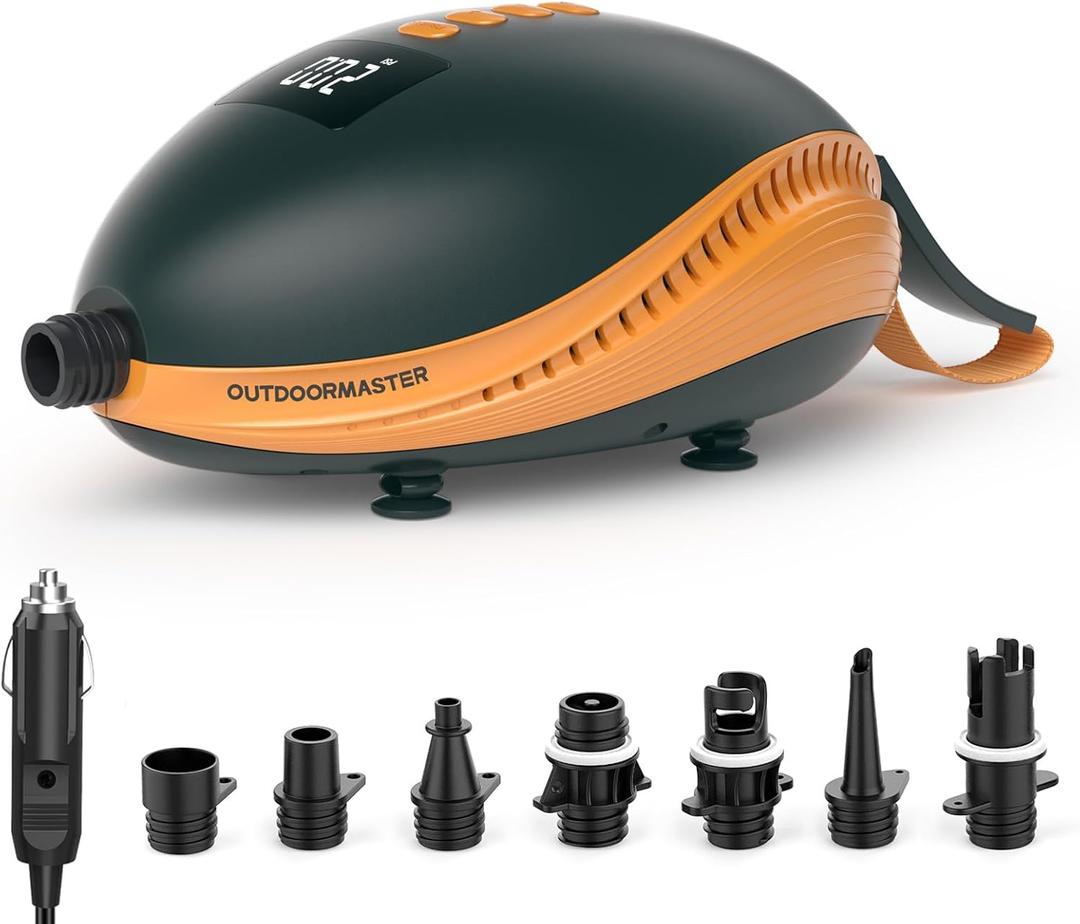 OutdoorMaster 20PSI High Pressure Paddle Board Pump Electric Dolphin -Quick Portable SUP Air Pump, Auto-Off &12V DC Car Connector Electric Pump for Inflatable Stand up Paddle Boards, Boats, Inflators - Black and Orange