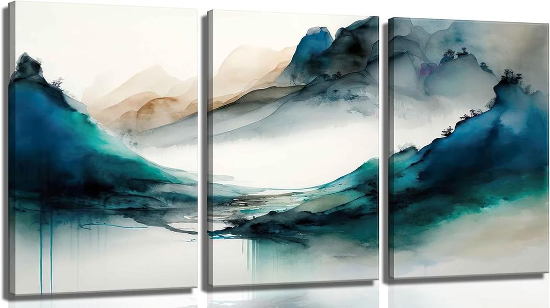 3Pcs Blue Watercolor Mountains Canvas Wall Art Teal Nature Wilderness Modern Ink painting Decor Pictures Abstract Smoke Forest Posters Prints for Bedroom Office Living Room Home Decoration (16L" x 12W")