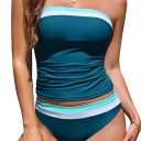Women Two Piece Bandeau Swimsuit - Bathing Suit Tummy Control Color Block Bikini Set Coverage Strapless Top Tankini (Small, Peacock Blue)