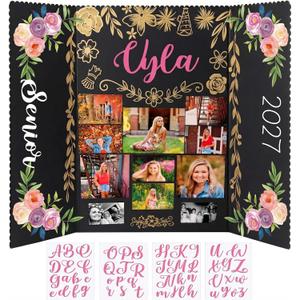 Mooliwe 2027 Senior Night Gifts 48 x 36 Inch Graduation Photo Trifold Display Boards Floral Picture Frame with Alphabet Stickers Picture Display Graduation Photo Frames Poster Boards
