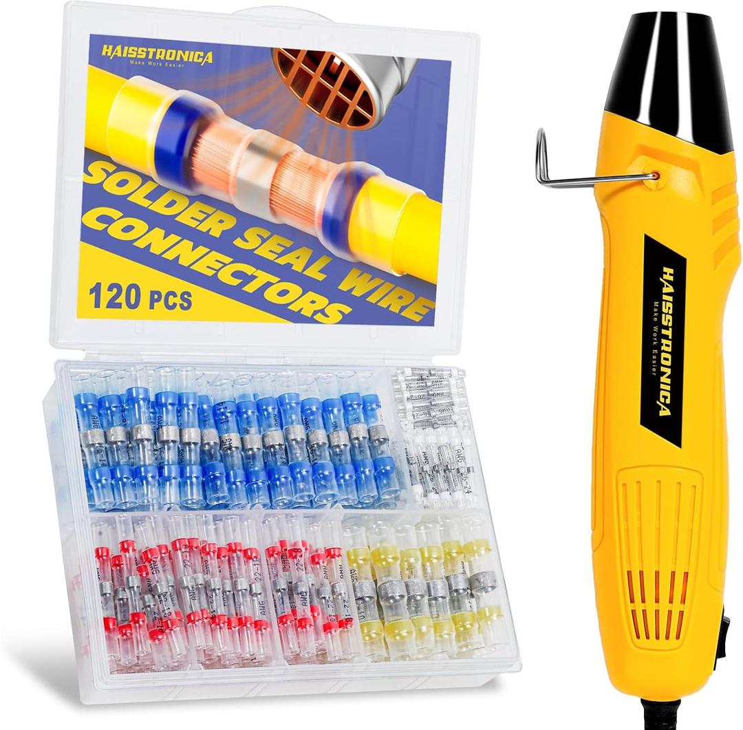 haisstronica 120 PCS Solder Seal Wire Connectors with Mini Heat Gun Kit, Waterproof Heat Shrink Wire Connectors, 10-26 AWG Solder Stick Wire Connectors for Automotive, Marine & Wiring Repair (Yellow)