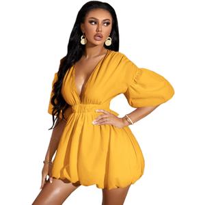 WDIRARA Women's Deep V Neck Puff Sleeve High Rise Flare Dress Elastic Waist Dress (Medium, Yellow) WDIRARA Women's Deep V Neck Puff Sleeve High Rise Flare Dress Elastic Waist Dress (Medium, Yellow)
