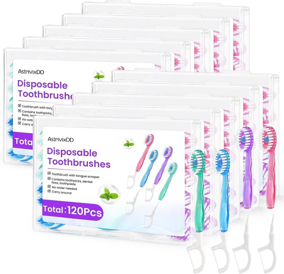 120 Pack 5-in-1 Mini Toothbrush Disposable, Waterless Disposable Toothbrushes with Toothpaste, Floss, Tongue Scraper, Toothpick, Prepasted Toothbrushes for Travel Hotel