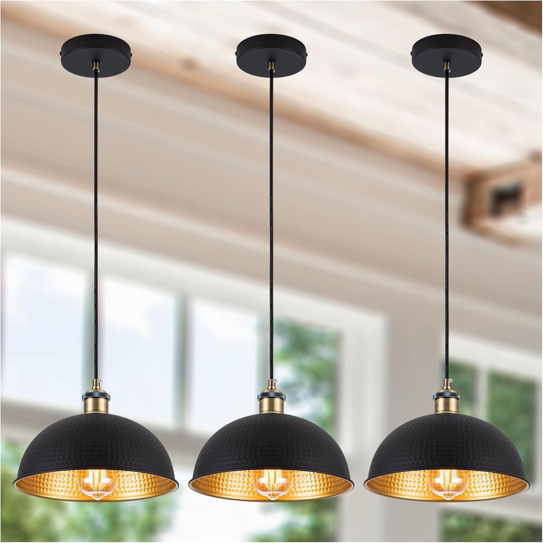 Industrial Black Gold Pendant Lights 3-Pack Vintage Mini Dome Pendant Light Fixtures with Golden Finish 10 Rustic Farmhouse Black Pendant Lights for Kitchen Island, Dining Room, Bedroom (Black Metal)
