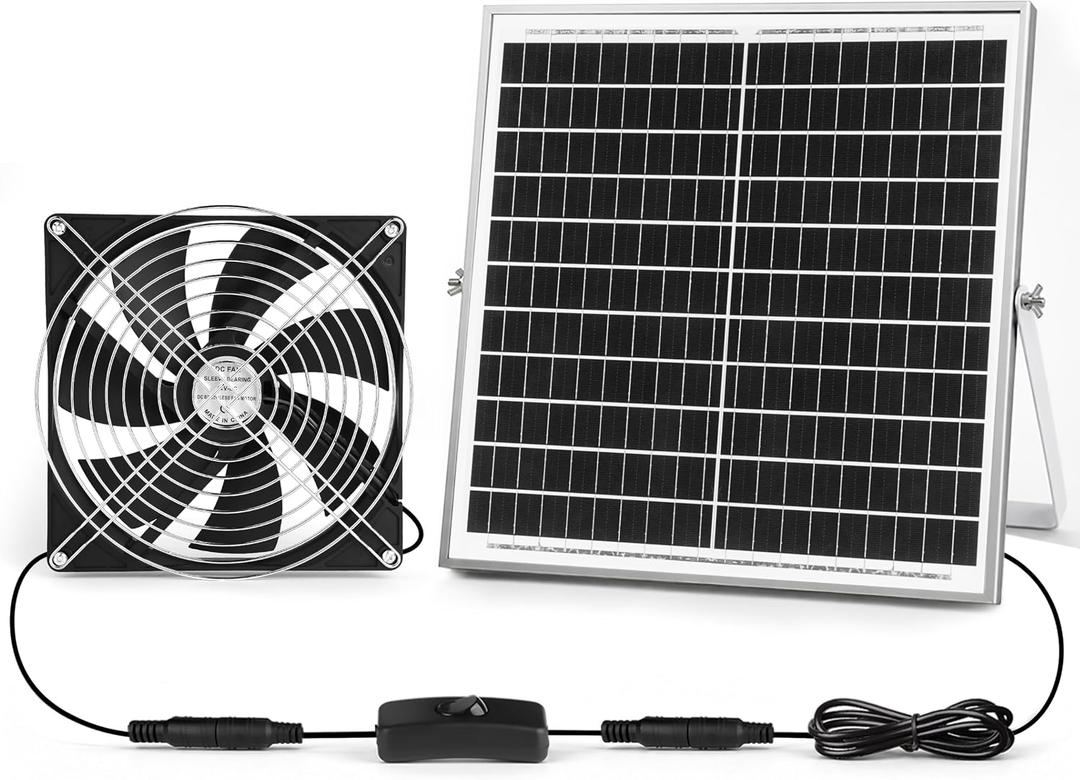 7.1" Large Airflow Solar Powered Greenhouse Fan, 25W Vent Exhaust Intake Solar Fan for Chicken Coop, Waterproof Outdoor Solar Fans, 16.5 ft Long Cord for Dog House, Shed, Cabin