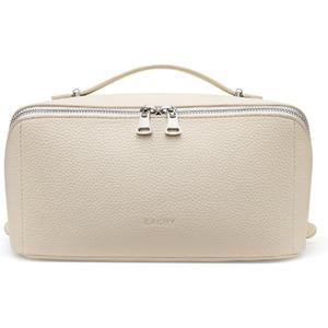 EACHY Travel Makeup Bag, Lychee Leather Large Capacity Cosmetic Bag for Women, Open Flat Toiletry Bag with TPU Brush Compartment, Waterproof Skincare Organizer Travel Essentials (Medium, AB-White)