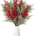 16 Pcs Christmas Tree Branches Filler Artificial Pine Branches with Berry Stems Christmas Tree Picks Greenery Sprays Berry and Cedar Picks for Vase Fillers Table Decor(Snow Cover,Red)