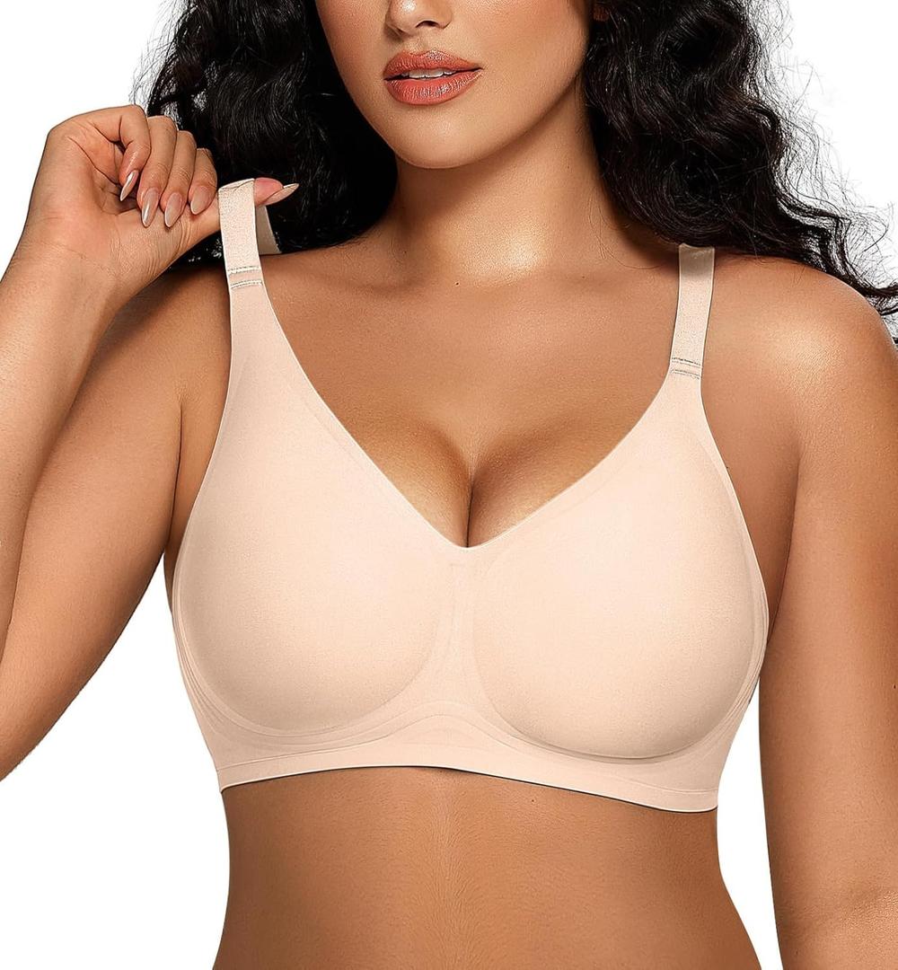 OEAK Women Comfortable Jelly Bras No Underwire Seamless Full Coverage Bralette Buttery Soft Convertible Everyday Tshirt Bra (Beige, L)
