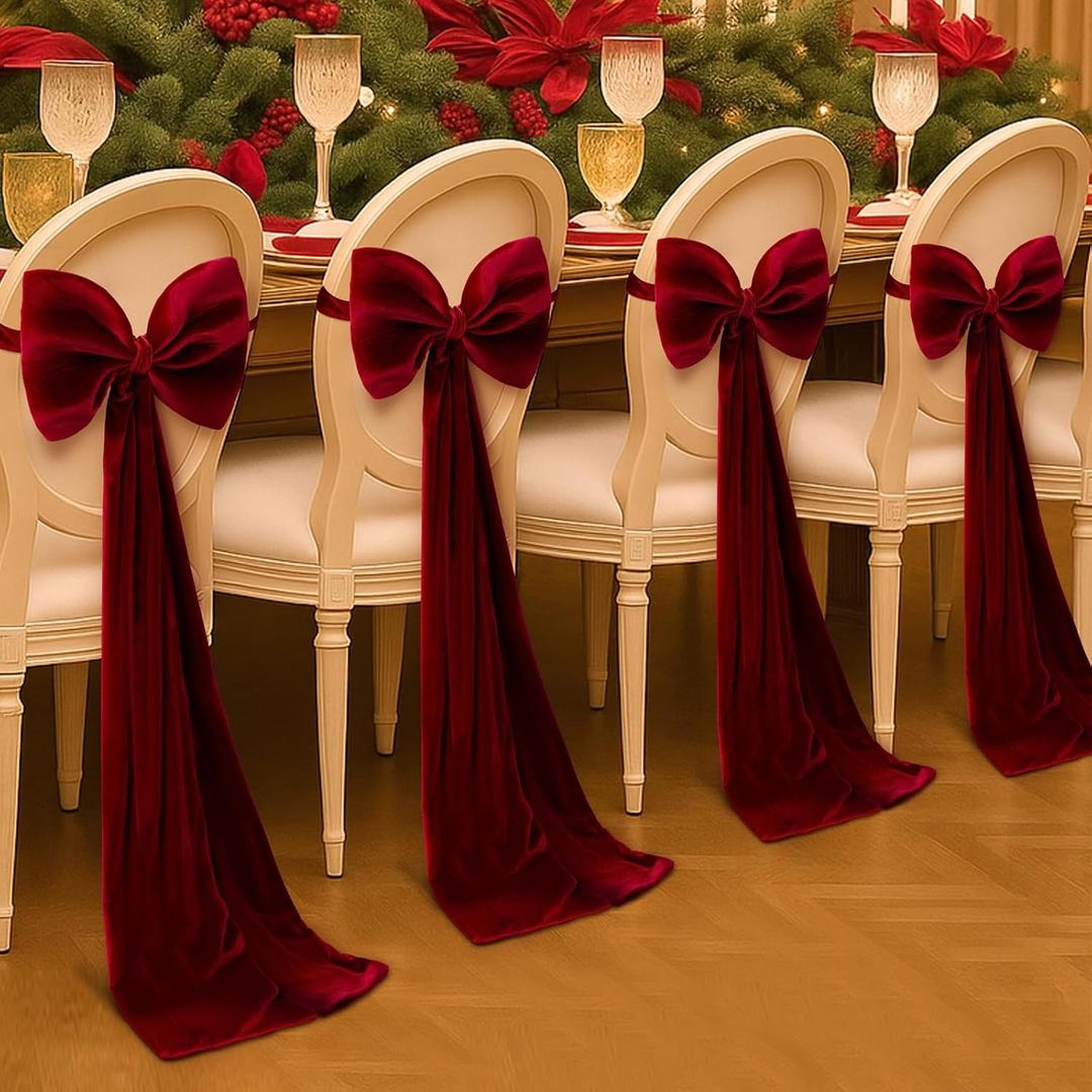 4 Pcs Christmas Velvet Chair Bows Sashes 12 x 43 Inch Red Velvet Bows Chair Covers for Christmas Wedding Birthday Party Dining Room Elegant Ribbons Tie Bands Holiday Party Decorations