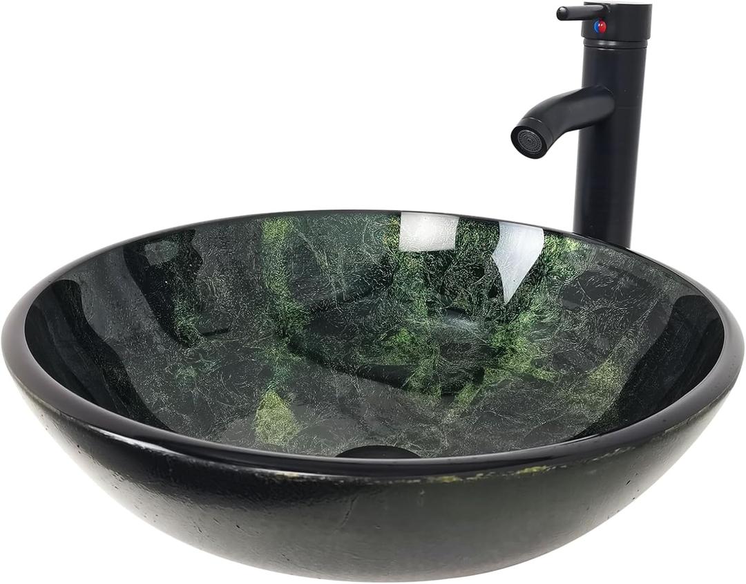 Vessel Sink 16.5" Bathroom Sinks Tempered Glass Green Art Basin Round Bowl with Faucet Combo Green,Countertop Bowl Sink for Lavatory Vanity Cabinet