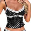 Women Y2k Vintage Polka Dot Mesh Spaghetti Strap Crop Tank Tops Bow Tie Lace Patchwork V Neck Lingerie Cami Top (Large, Black)