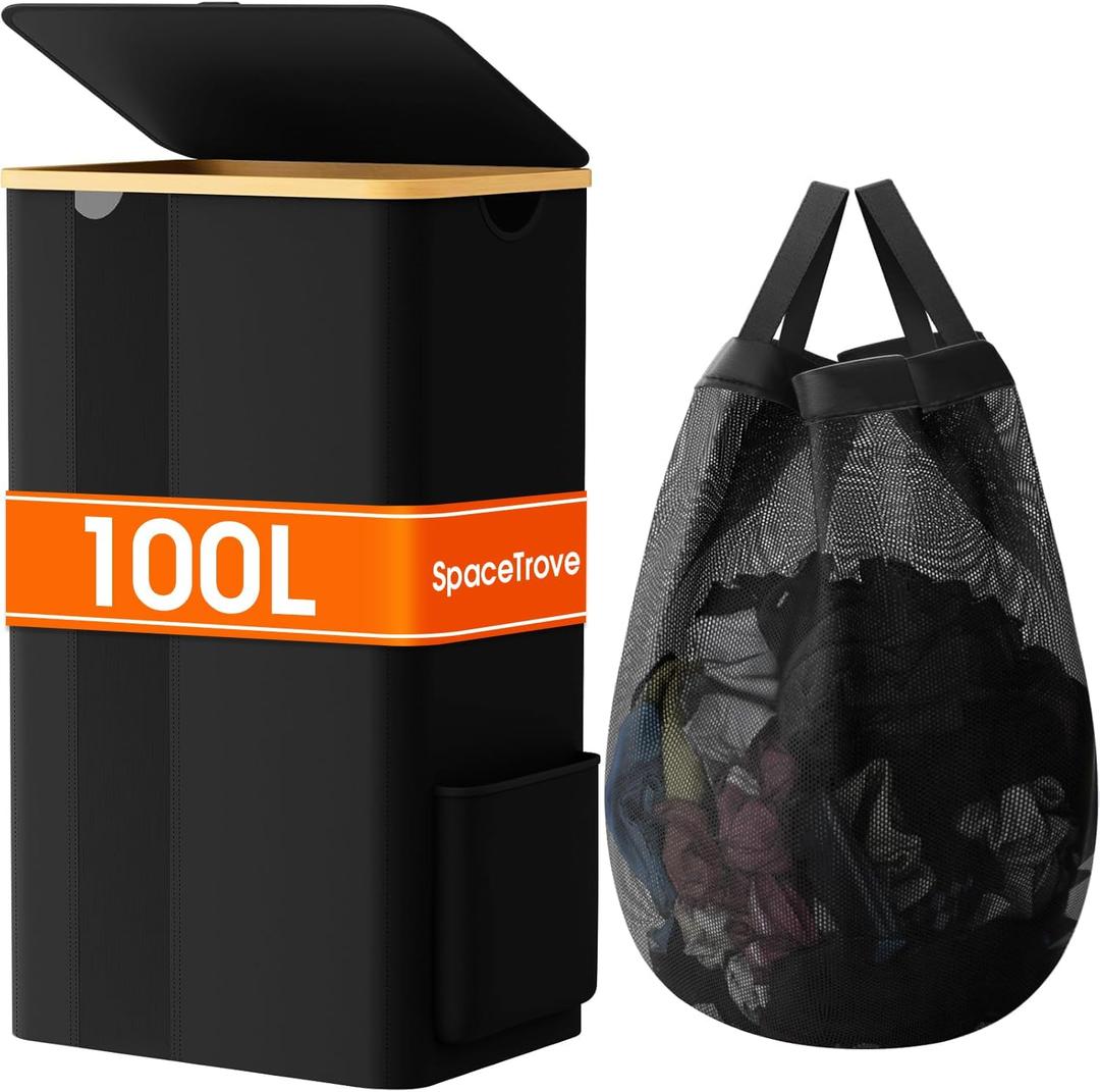 Laundry Basket Clothes Hamper with Lid and Removable Bag Large Collapsible Laundry Baskets with Handle, Freestanding Hampers for Bedroom Aesthetic, Dorm, Bathroom, Laundry Room 100L (Black)