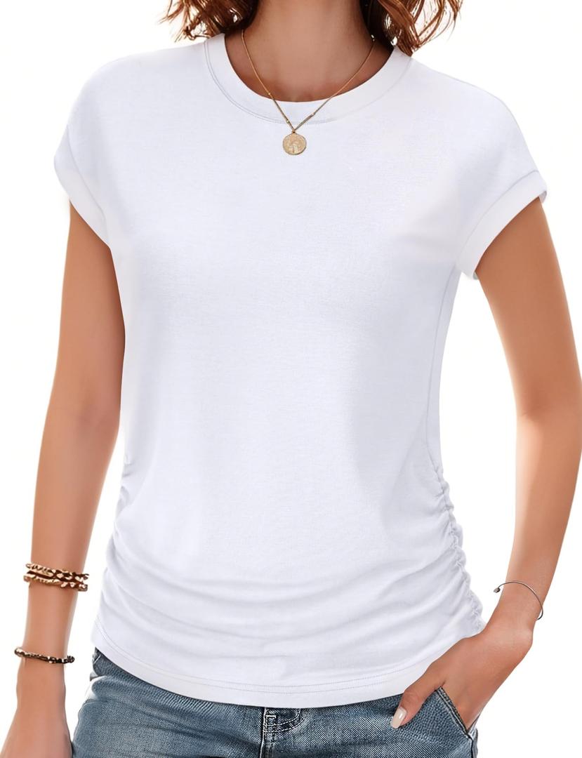 Trendy Womens Summer Tops 2025- Chic Ruched Short-Sleeve Crewneck T Shirts Fashionable Casual Wear(White,L) (White, L)