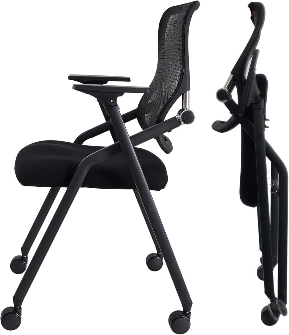 PRO, Stackable & Foldable Conference Room Chairs with 2X Thick Cushion, Lumbar Support, Armrest - Mesh Bouncing Back for Office Meeting, Conference, Training Room Chair 1 Pack (Black)