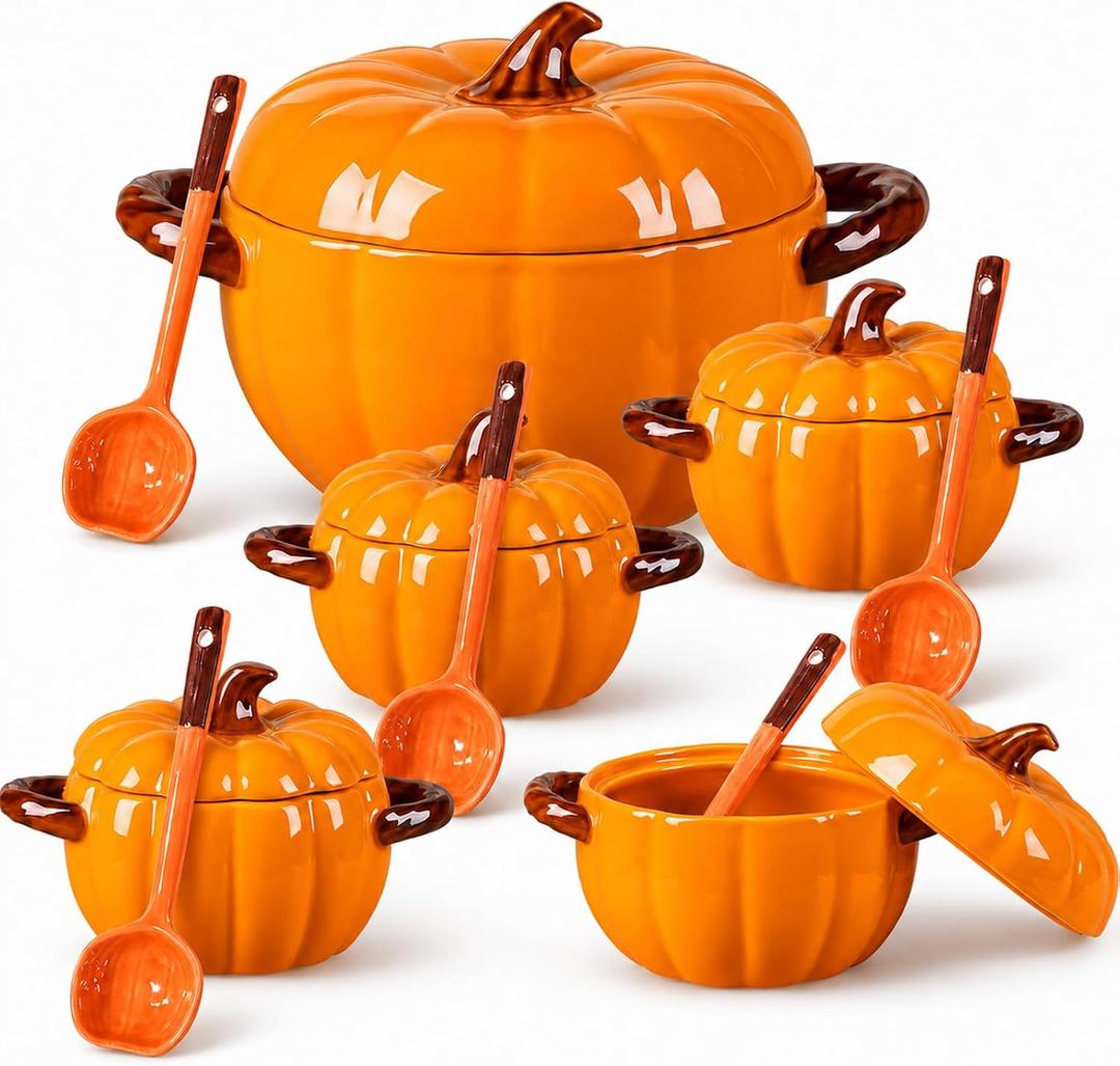 Set of 5 Ceramic Pumpkin Bowls, Pumpkin-Shaped Soup Serving Pot Storage Jar with Lid and Spoon for Baking, Fall, Thanksgiving, Halloween Party, Kitchen, Dessert, Decoration, 17 Oz & 54 Oz