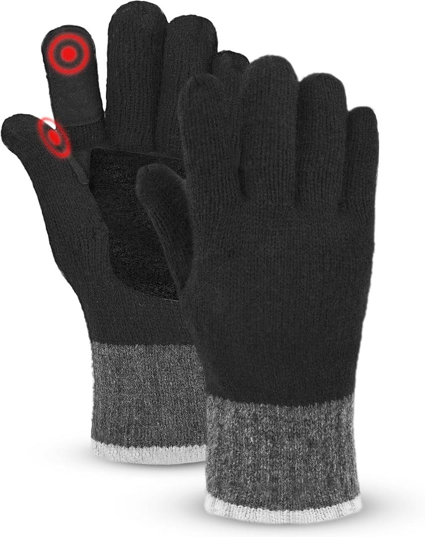 Winter Warm Gloves Men Women, Touch Screen Thermal Knit Wool Gloves with Fleece Lining for Outdoors (L/XL Adult, Black)